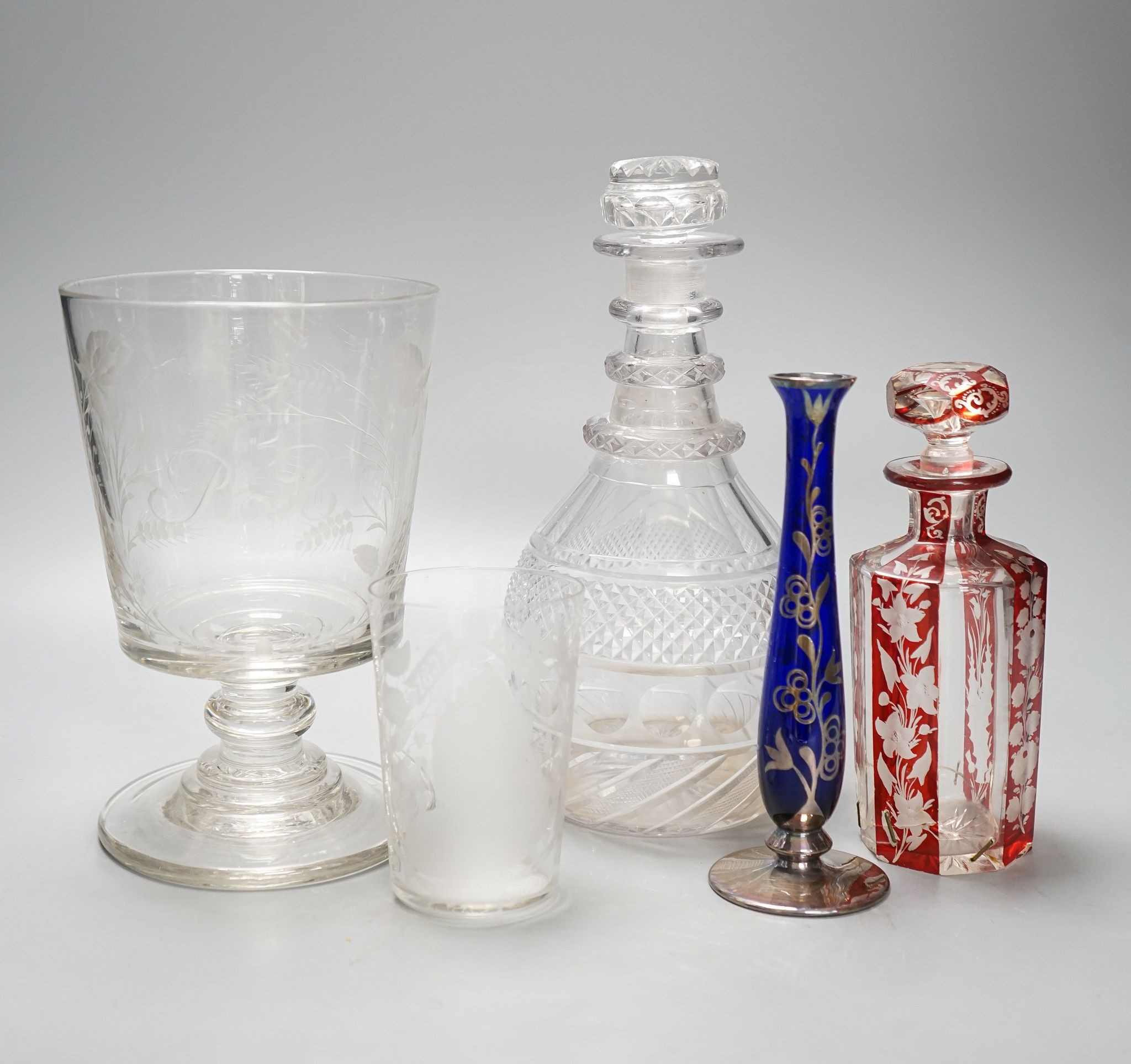 A George III large presentation glass rummer, a Regency decanter and other items (5) 25cm